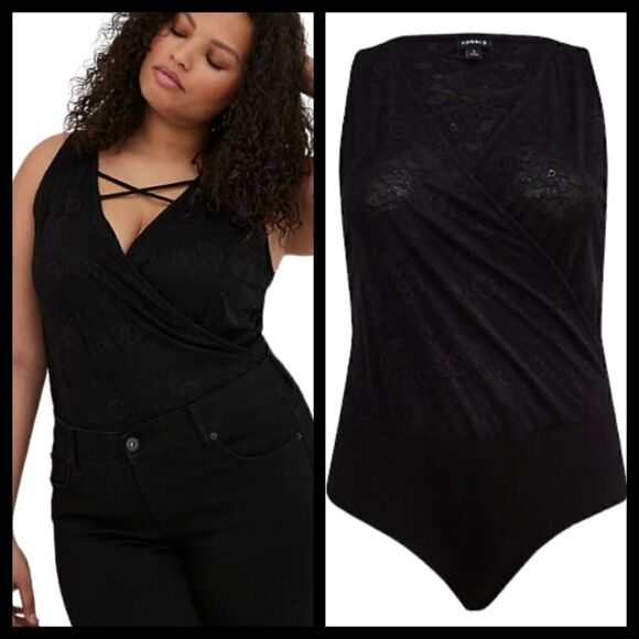 5X 28W Torrid Black Lace Strappy Bodysuit Snap Faux Wrap V Neck Sheer Party Mesh - Picture 1 of 11
